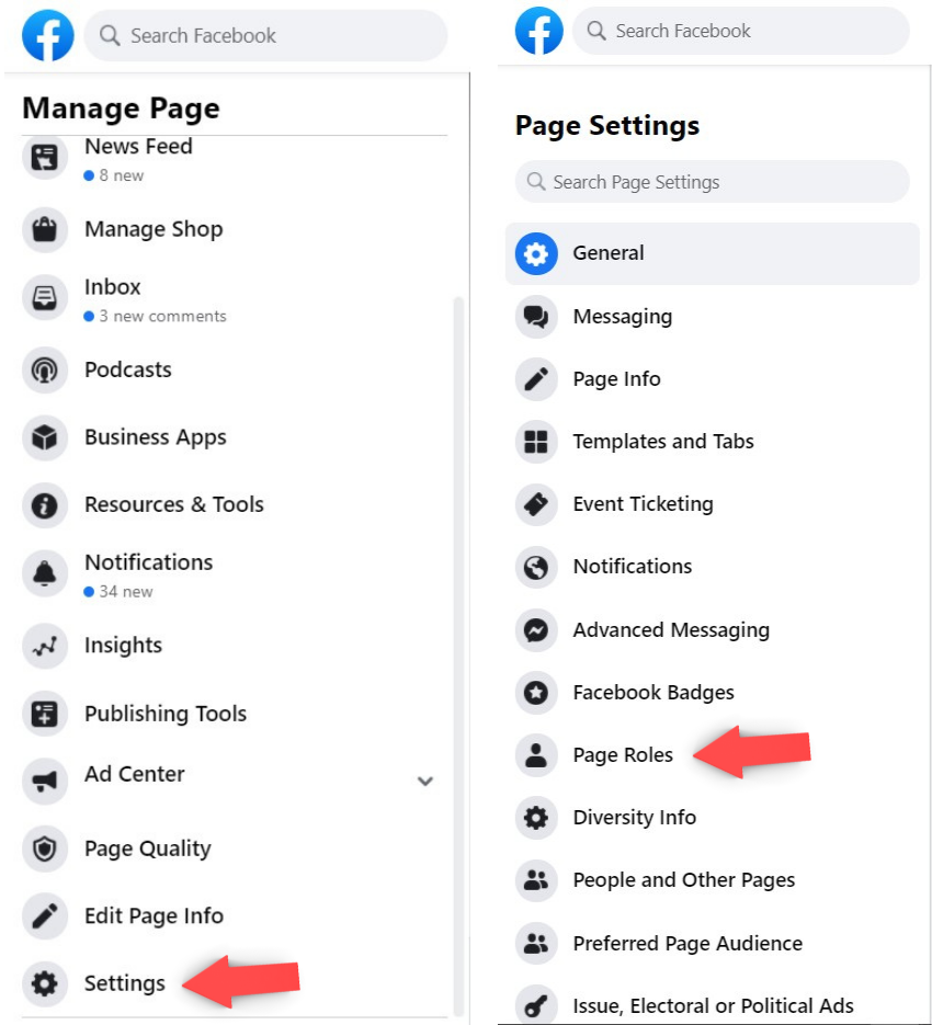 settings and page roles