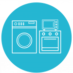 line icons of a washing machine, oven, and microwave