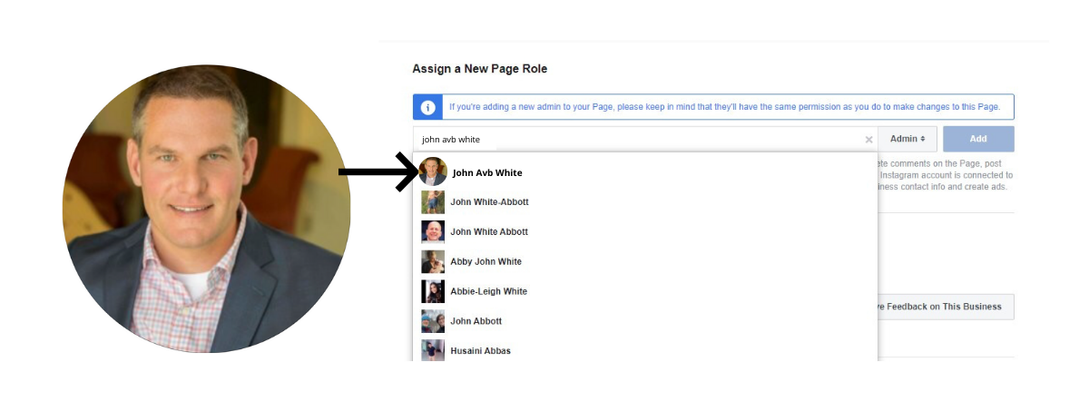 Finding John White faebook screenshot adding user for page management