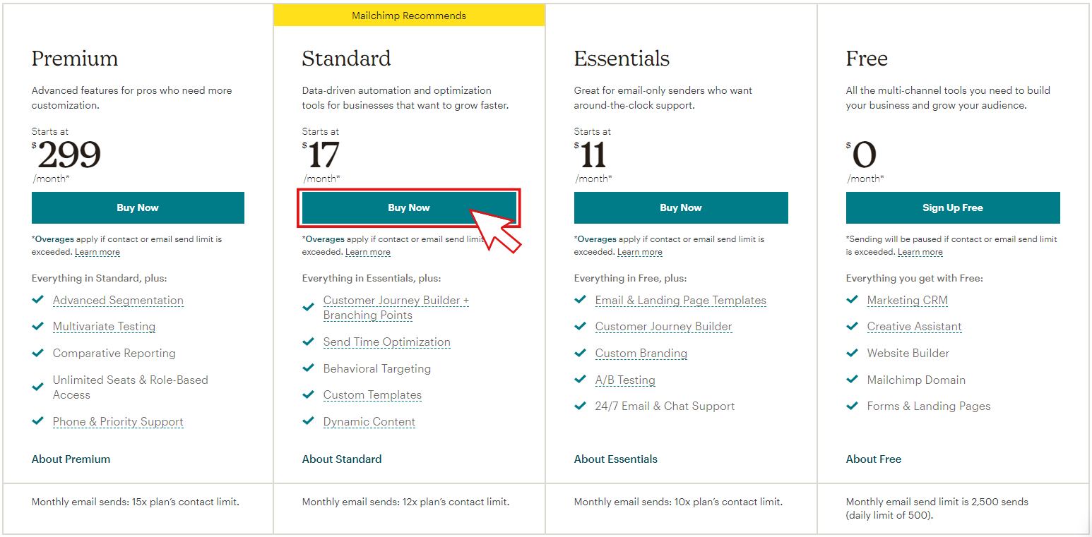 MC Pricing Screenshot screenshot of mailchimps pricing options