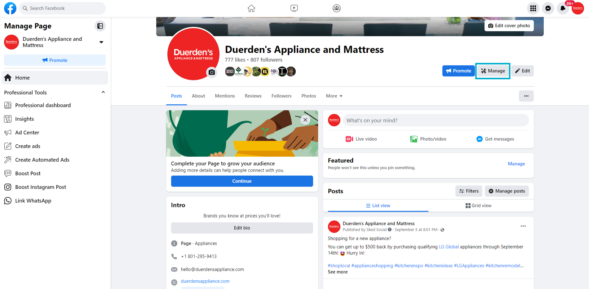 Manage button screenshot of facebook page highlighting the manage button