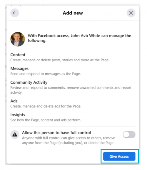 give access facebook screenshot of give access button