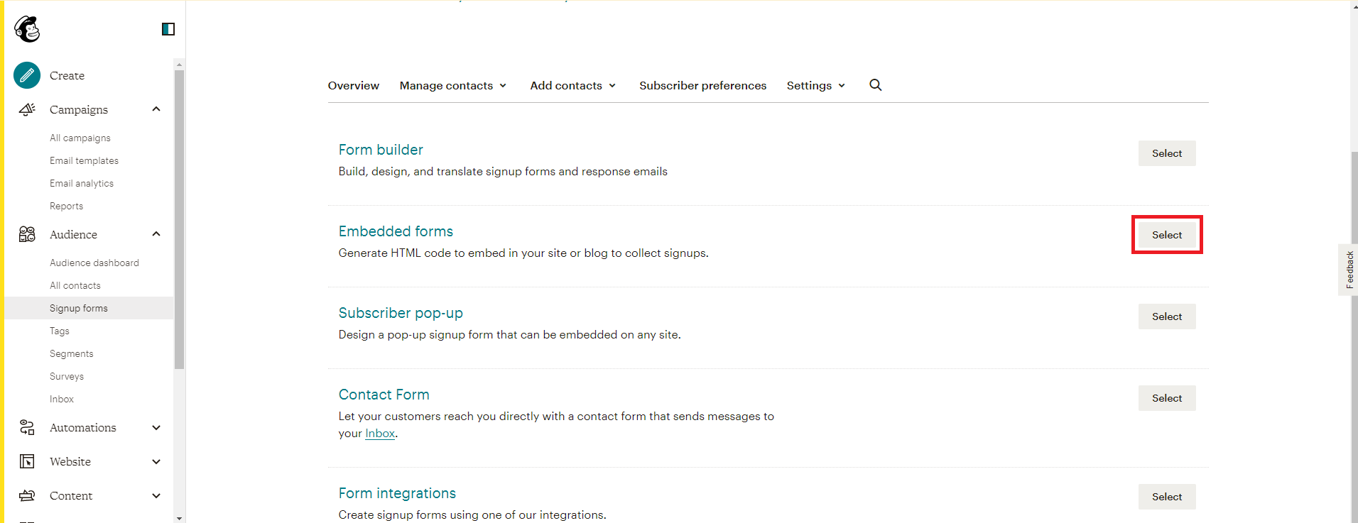 Footer Script 1a screenshot of mailchimp navigation to embedded forms