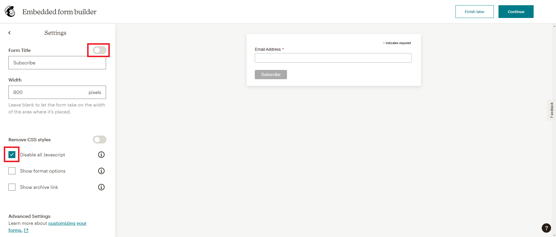 screenshot of mailchimp embedded form settings