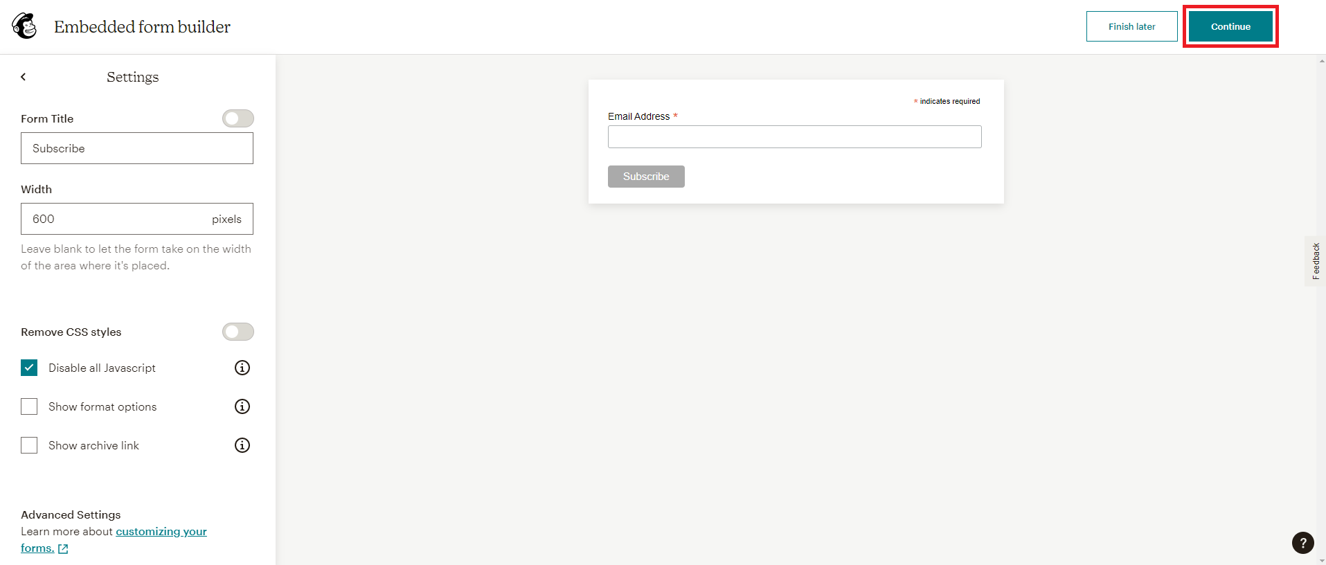 screenshot of embedded forms section of mailchimp
