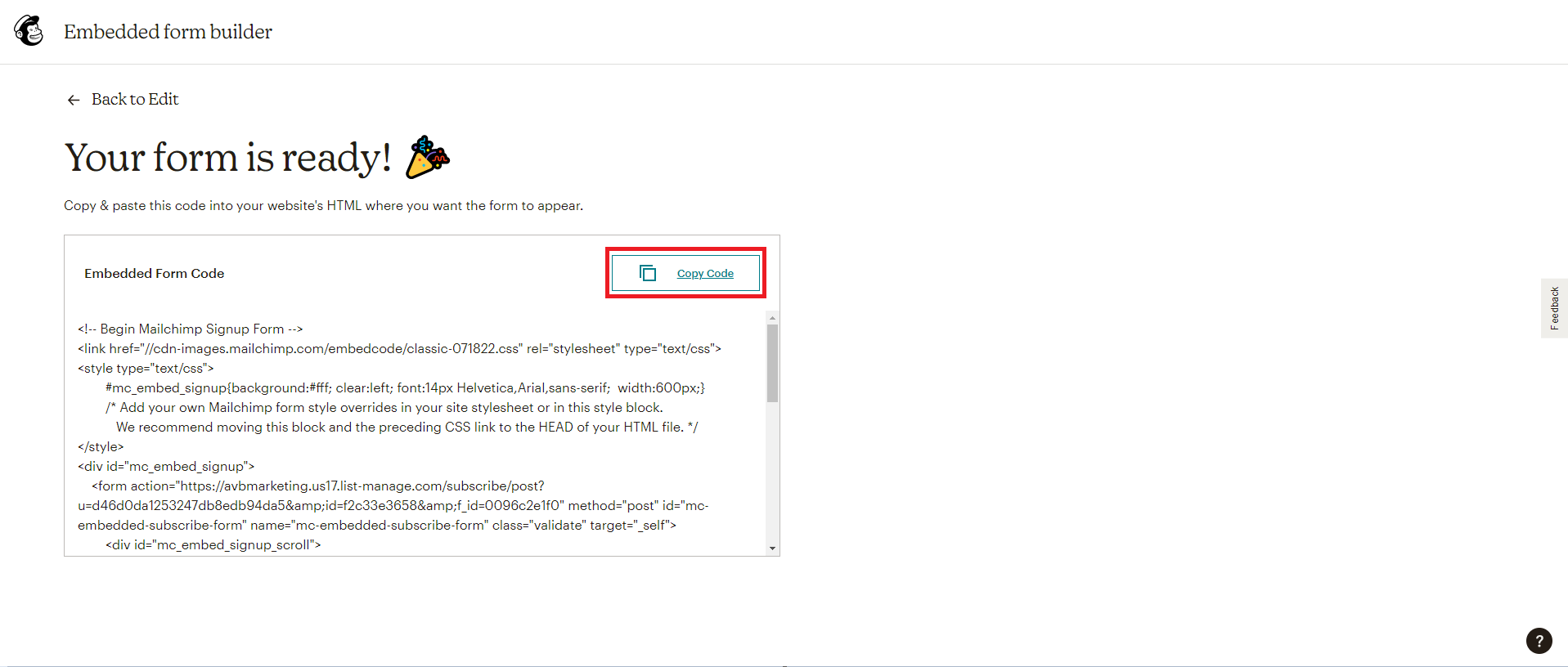 Footer Script 2b screenshot of mailchimp embedded form code