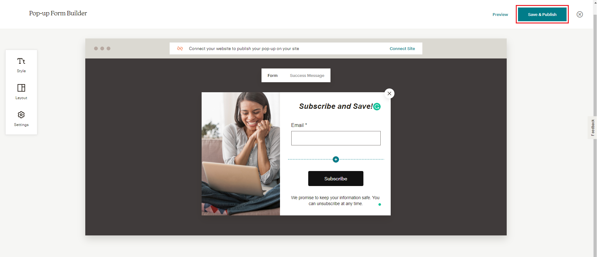 PopUp Script 1b screenshot of mailchimp popup design center