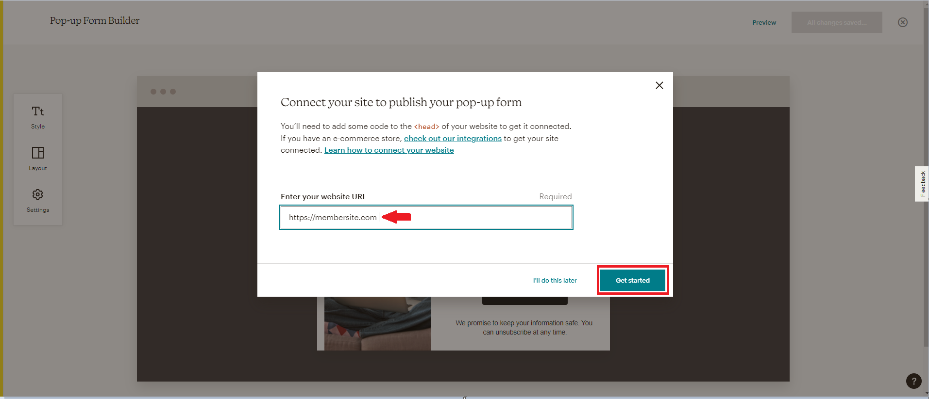 PopUp Script 2a screenshot of mailchimp popup setup